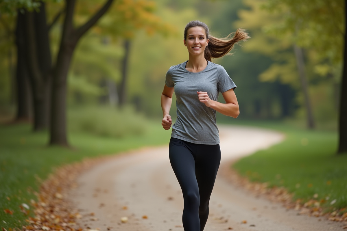 Femme sportive courant dans un parc verdoyant