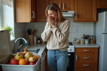 Femme d'âge moyen grimace en tenant son nez près des déchets