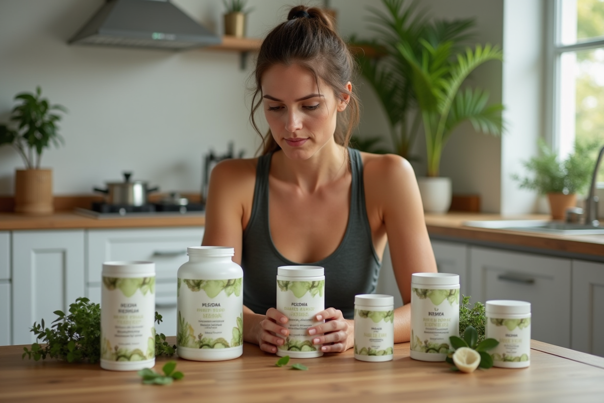 Femme examinant des tisanes detox dans la cuisine