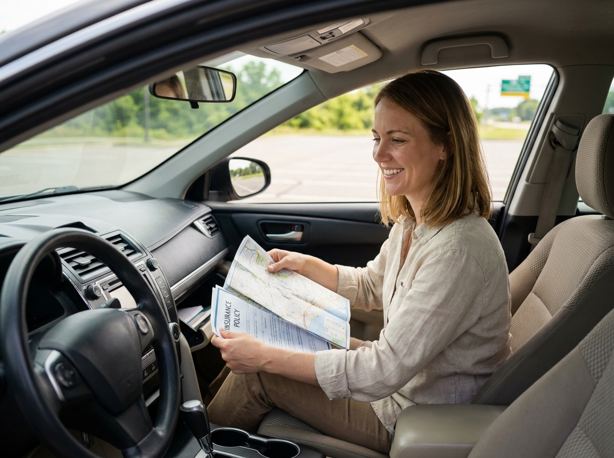 Femme préparant ses documents d'assurance auto avant un départ en vacances dans sa voiture