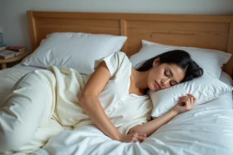 Femme relaxee dans son lit en pyjama coton