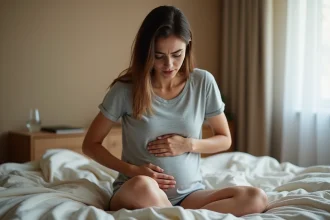 Femme tenant son ventre avec une expression de douleur abdominale, symptôme possible d'un kyste aux ovaires