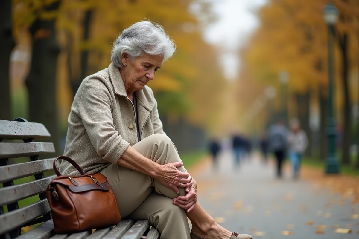 Femme de 60 ans assise sur un banc dans un parc se massant le mollet en raison de symptômes d'artères des jambes bouchées
