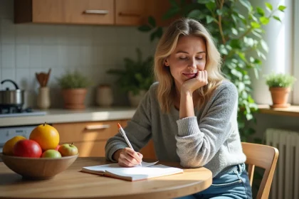 Femme écrivant dans un journal de bien-être à la maison