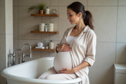 Femme enceinte assise dans la baignoire moderne