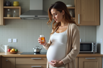 Femme enceinte lisant une étiquette de médicament dans la cuisine