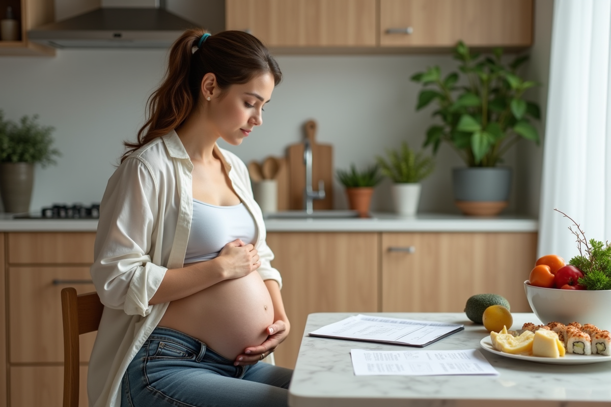 Femme enceinte dans une cuisine moderne et lumineuse