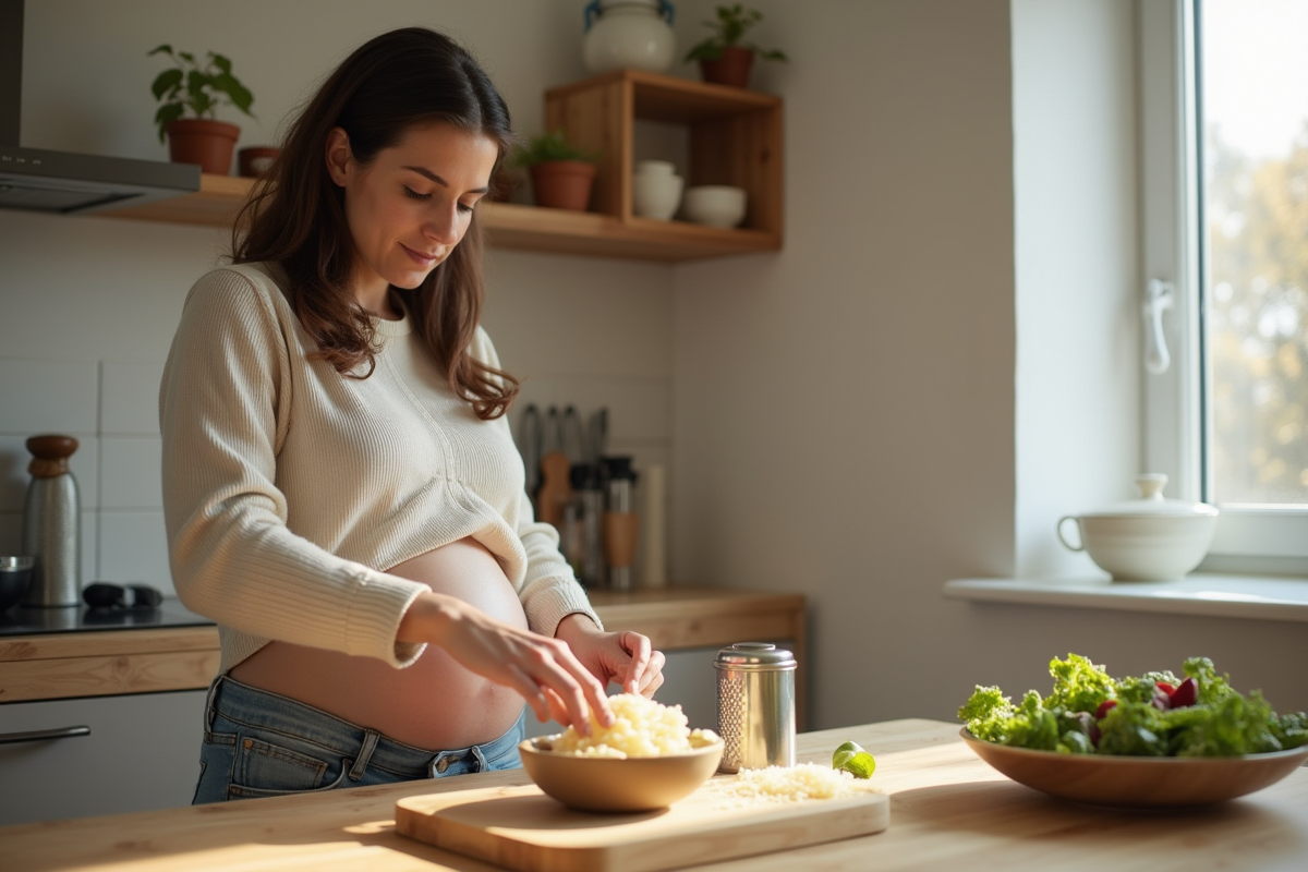 Femme enceinte râpant du parmesan dans la cuisine lumineuse