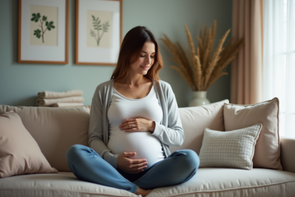 Femme enceinte assise sur un canapé dans un intérieur paisible