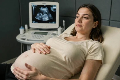 Femme enceinte allongée lors d'une échographie abdominale en salle médicale, main posée sur le ventre