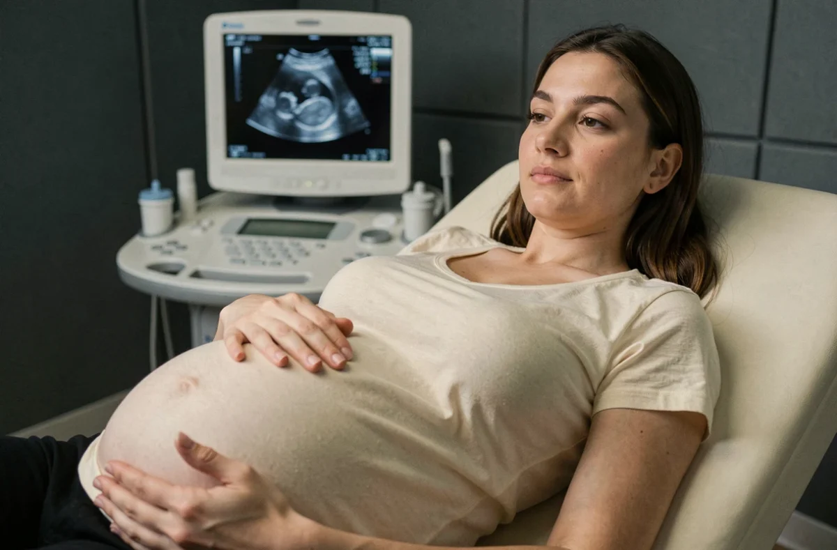 Femme enceinte allongée lors d'une échographie abdominale en salle médicale, main posée sur le ventre