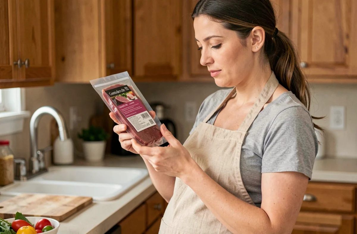 Femme enceinte en tablier de lin examinant un paquet de magret de canard sous vide dans une cuisine domestique moderne