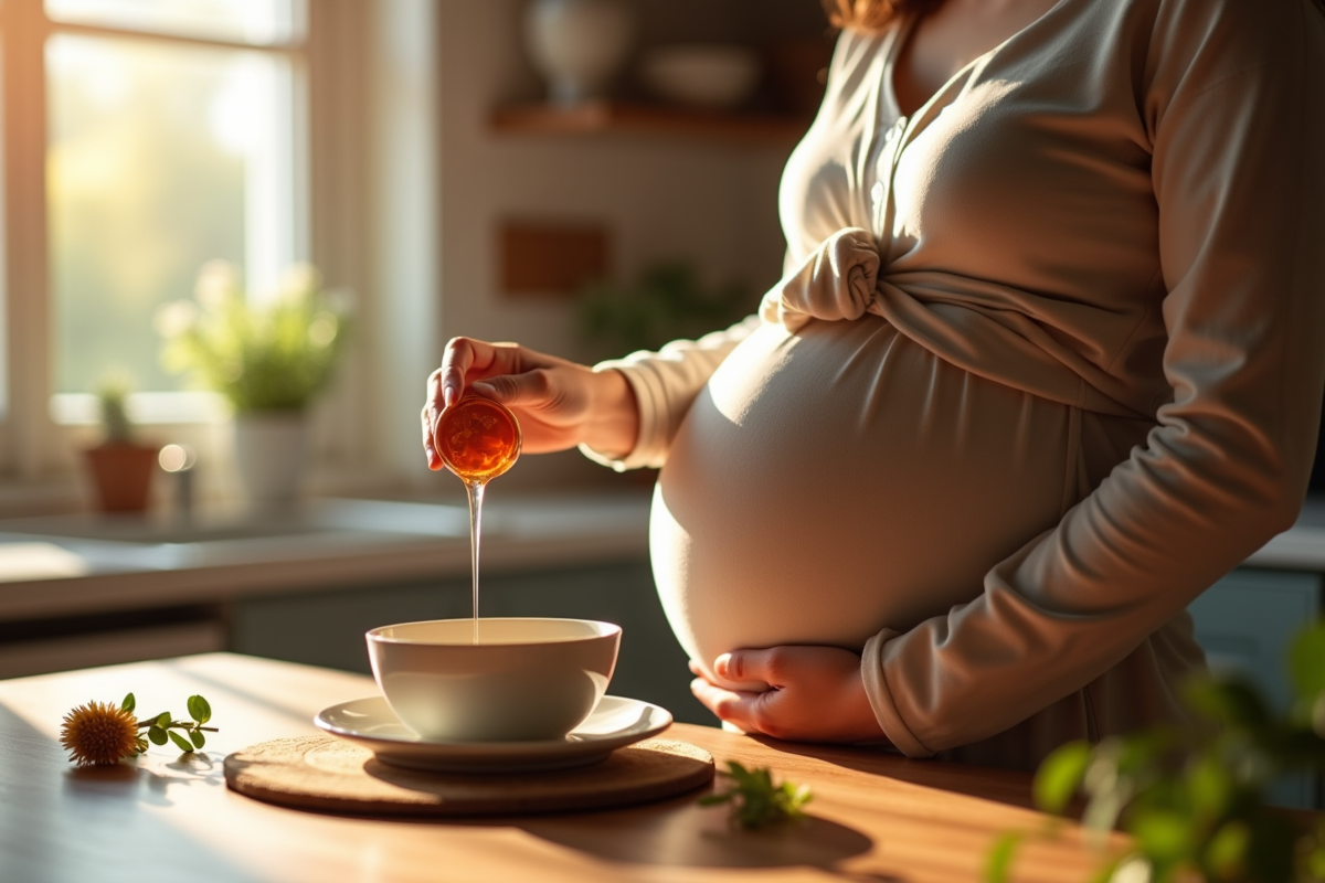 Femme enceinte dans la cuisine versant miel dans une tisane