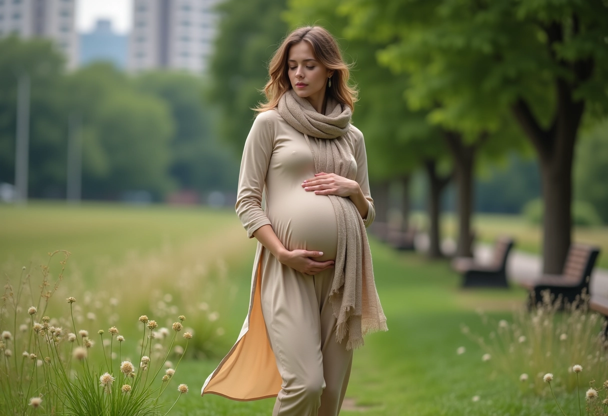 Femme enceinte marchant dans un parc urbain verdoyant