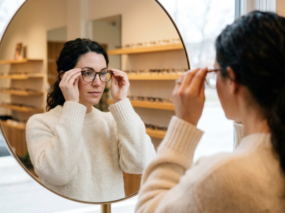 Femme essayant des lunettes en acétate écaille de tortue dans une boutique optique moderne avec des rangées de montures en arrière-plan