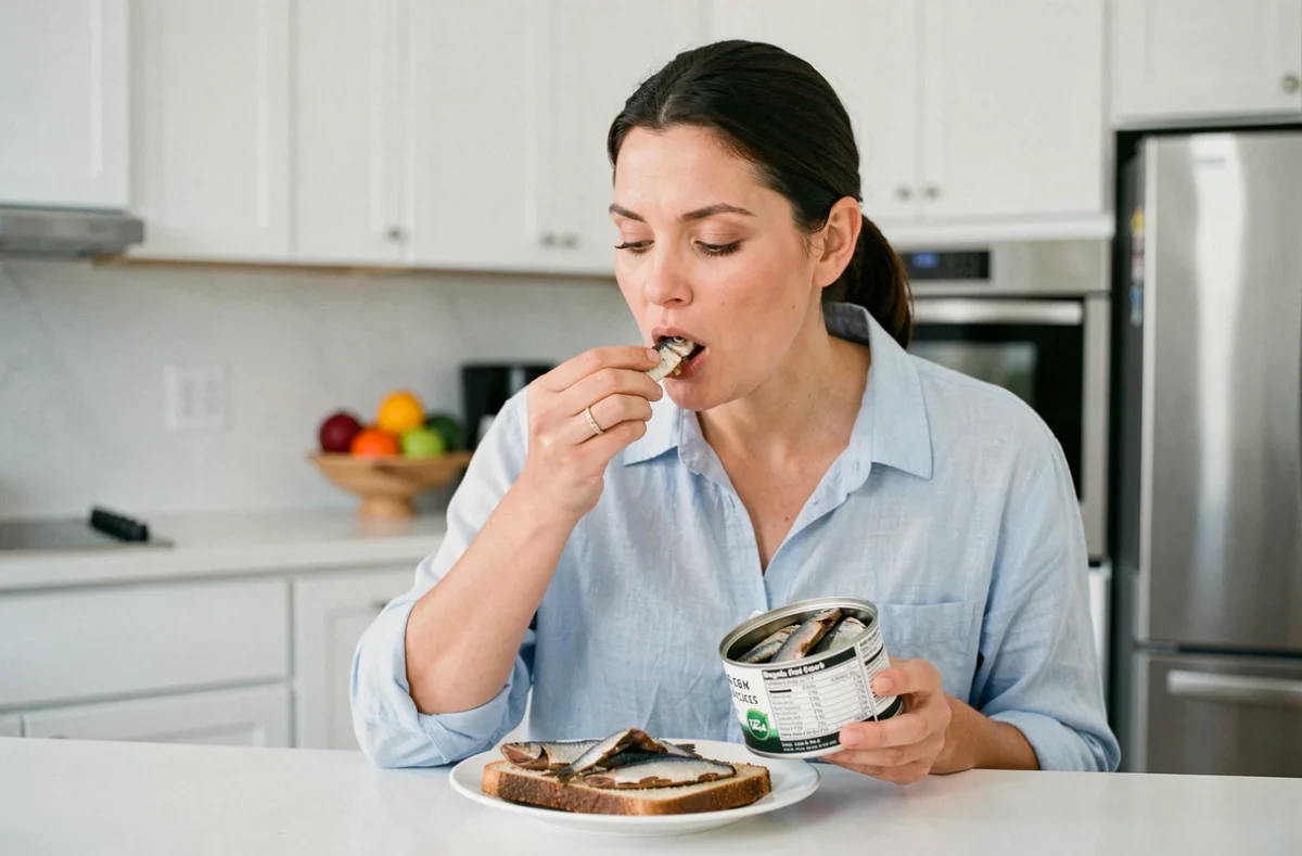 Femme lisant l'étiquette nutritionnelle d'une boîte de sardines dans une cuisine moderne