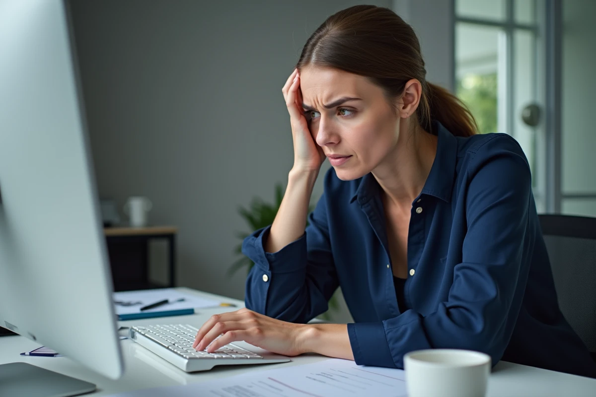 Femme au bureau avec poignet en mauvaise position sur clavier pouvant provoquer des fourmillements dans la main droite