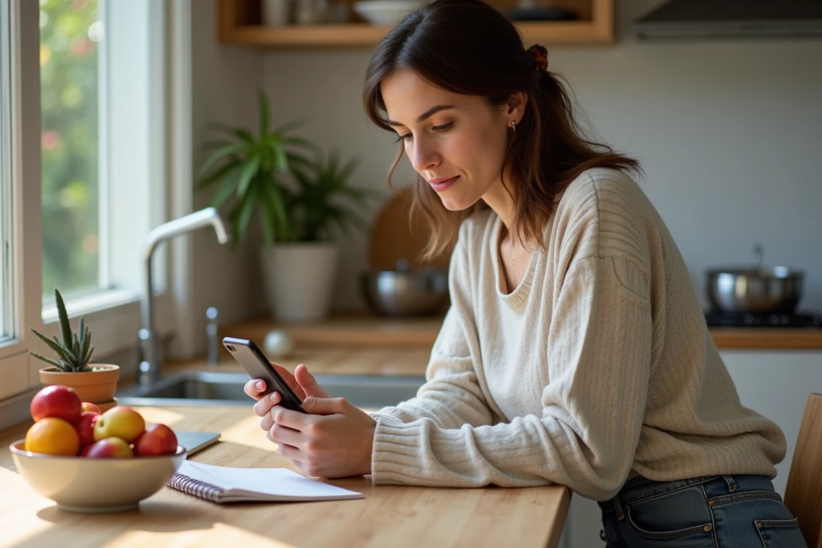 Femme française dans sa cuisine examine son smartphone
