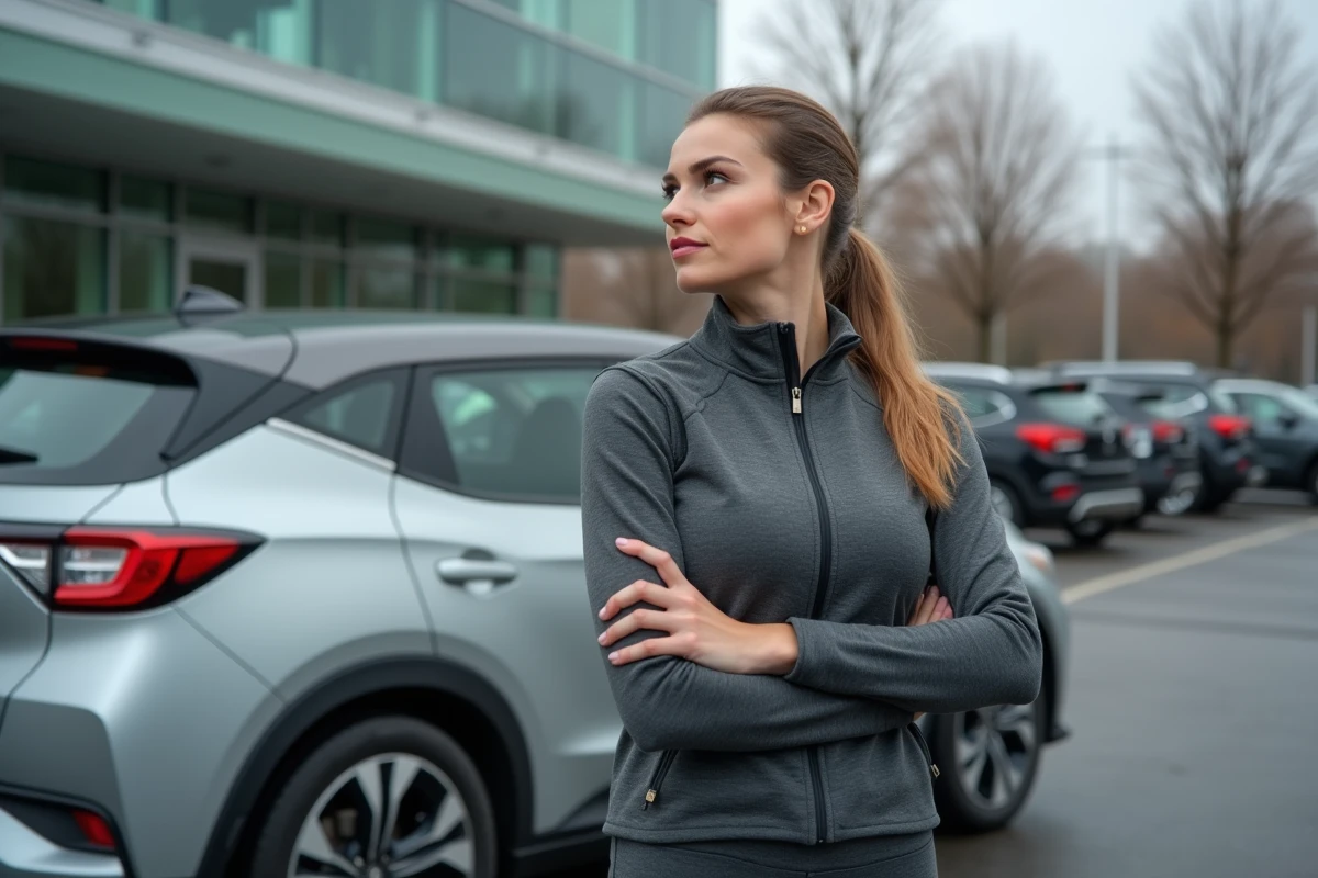 Femme hésitant à conduire après une IRM, tenant ses clés de voiture devant son véhicule dans un parking de clinique
