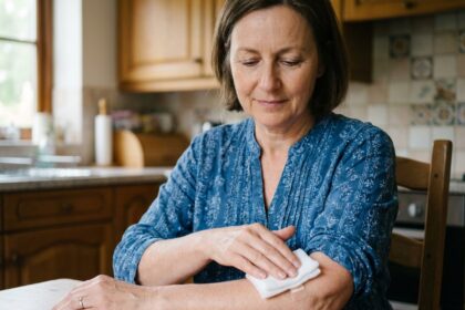 Femme d'âge moyen appliquant un compress sur son bras à la maison