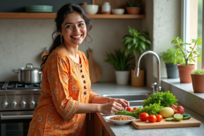 Femme indienne souriante préparant un repas équilibré