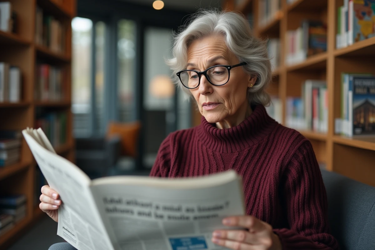 Femme lisant attentivement un journal imprimé dans une bibliothèque, cherchant à démêler le vrai du faux sur la santé d'une personnalité