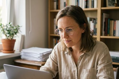 Femme portant des lunettes anti-reflet devant un écran d'ordinateur portable dans un bureau à domicile