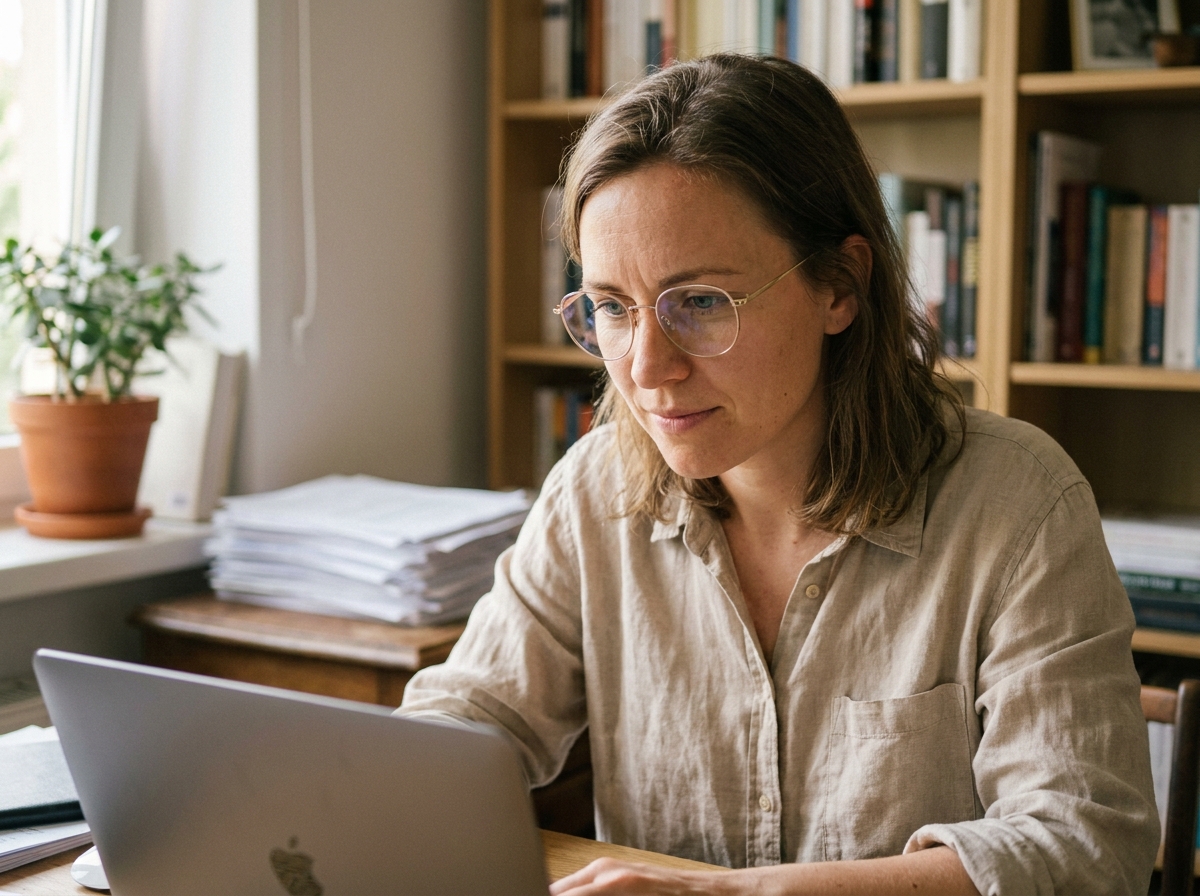 Femme portant des lunettes anti-reflet devant un écran d'ordinateur portable dans un bureau à domicile
