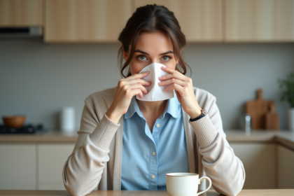 Femme malade avec un mouchoir dans la cuisine lumineuse