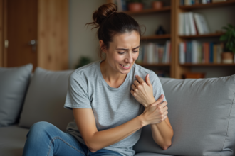 Femme se massant l'épaule dans un salon cosy