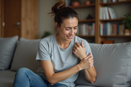 Femme se massant l'épaule dans un salon cosy