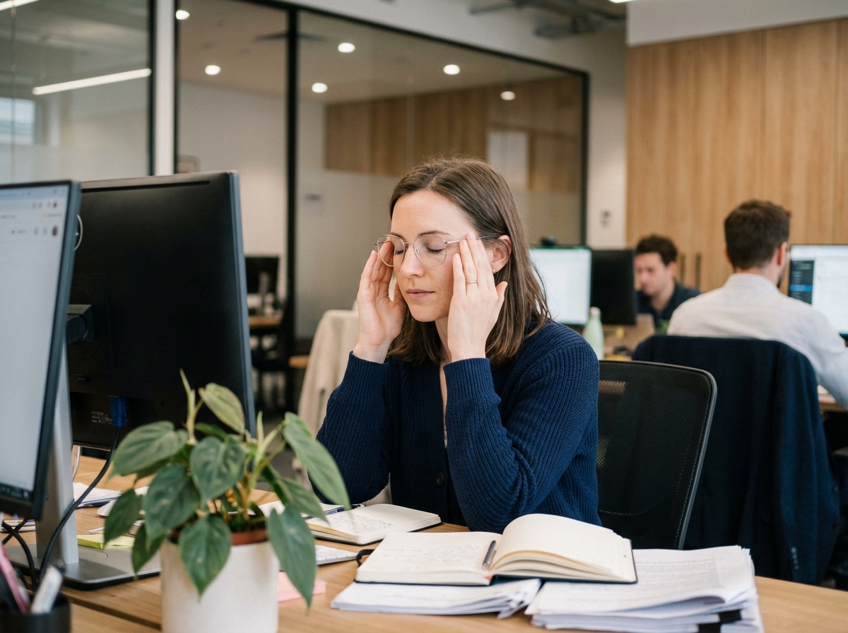 Femme en bureau se massant les tempes pour soulager le stress