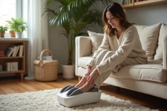 Femme assise sur un canapé utilisant un masseur de pied