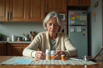 Femme préoccupée examinant médicaments à la maison