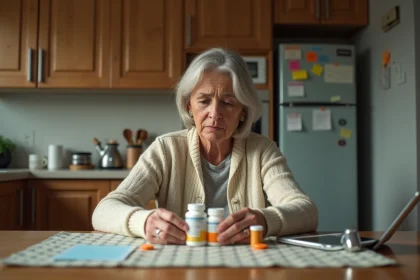 Femme préoccupée examinant médicaments à la maison