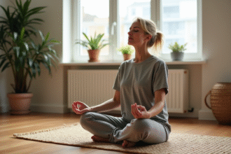 Femme méditant en tenue confortable dans un salon paisible