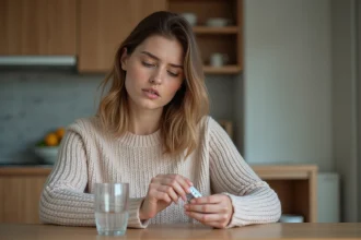Femme pensant avec médicaments dans la main