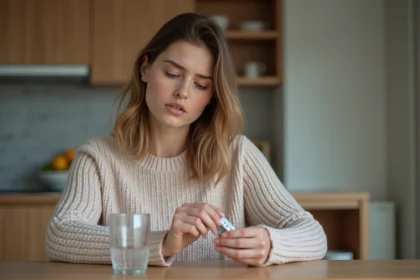 Femme pensant avec médicaments dans la main