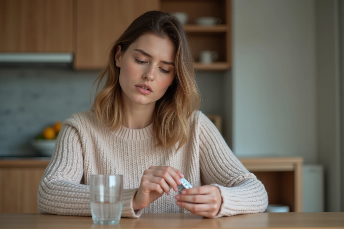 Femme pensant avec médicaments dans la main
