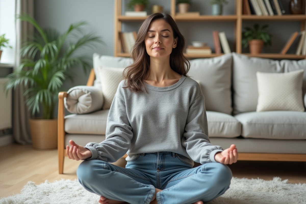 Femme méditant dans un salon calme et lumineux