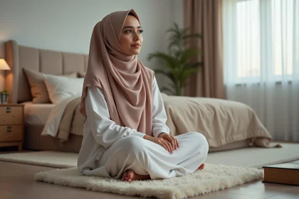 Femme musulmane priant paisiblement dans sa chambre