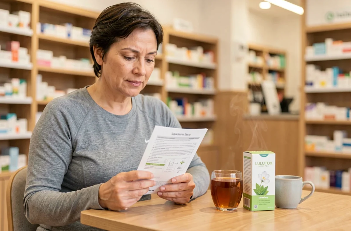 Femme lisant la notice du thé détox Lulutox en pharmacie, illustrant la démarche d'information avant la consommation d'un complément détox