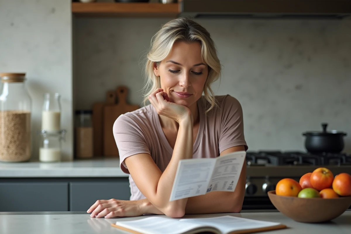 Femme en cuisine examinant un livret nutritionnel