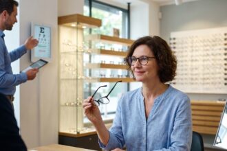 Femme d'âge moyen avec lunettes souriante dans un magasin d'optique
