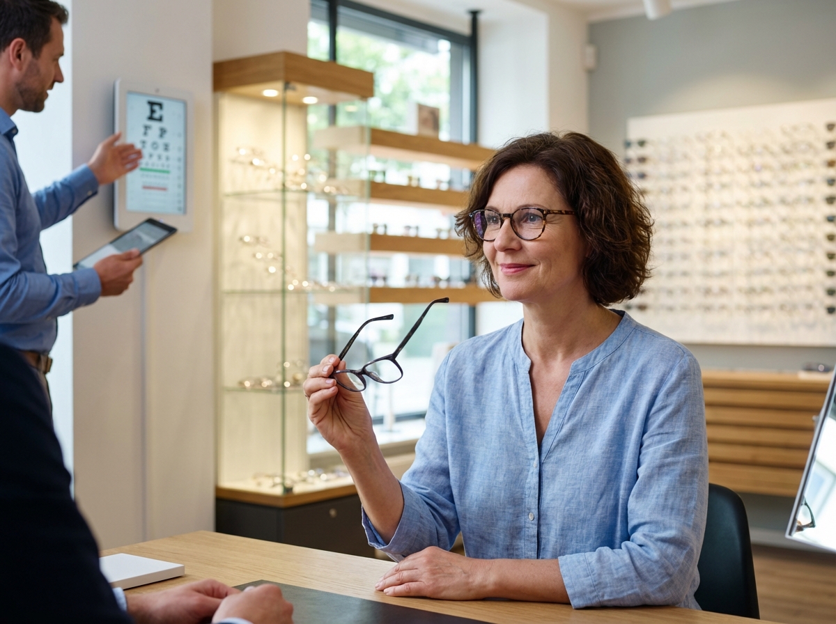 Femme d'âge moyen avec lunettes souriante dans un magasin d'optique