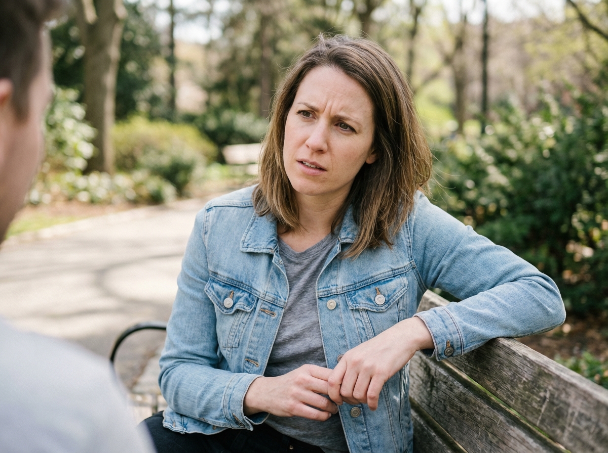 Jeune femme en parc semblant suivre une conversation