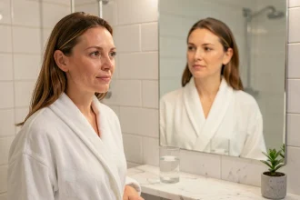 Femme aux 35 ans contemplant sa peau nette et hydratée dans un miroir de salle de bain après un mois sans alcool