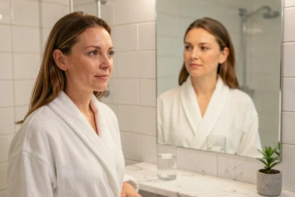 Femme aux 35 ans contemplant sa peau nette et hydratée dans un miroir de salle de bain après un mois sans alcool