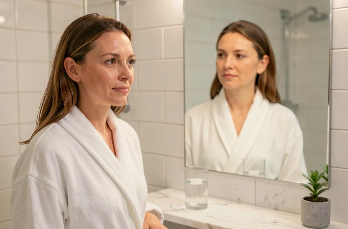 Femme aux 35 ans contemplant sa peau nette et hydratée dans un miroir de salle de bain après un mois sans alcool