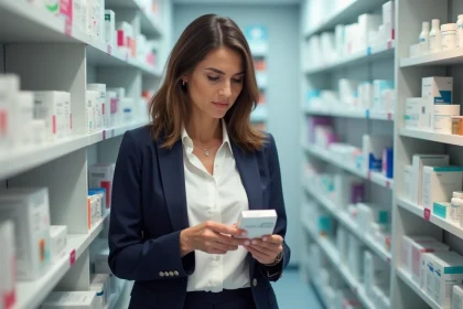 Femme d'âge moyen examine une boîte de médicament en pharmacie